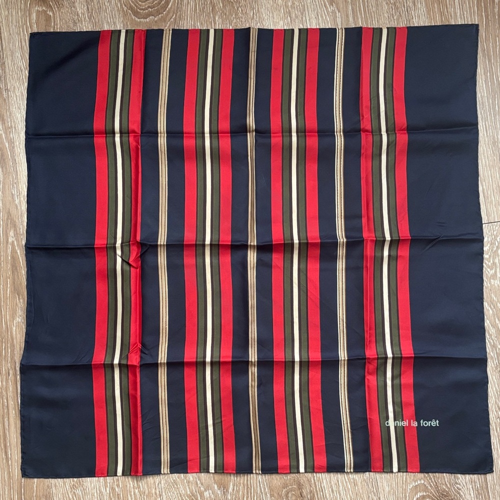 Daniel La Foret navy/red/green vintage silk scarf, 26” square